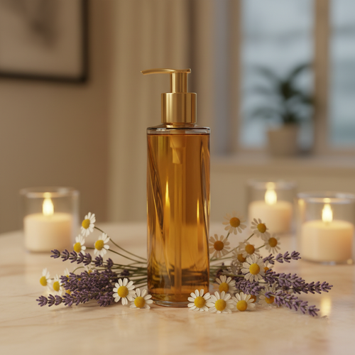 Evening Calm Body Oil with lavender and chamomile in an amber glass bottle